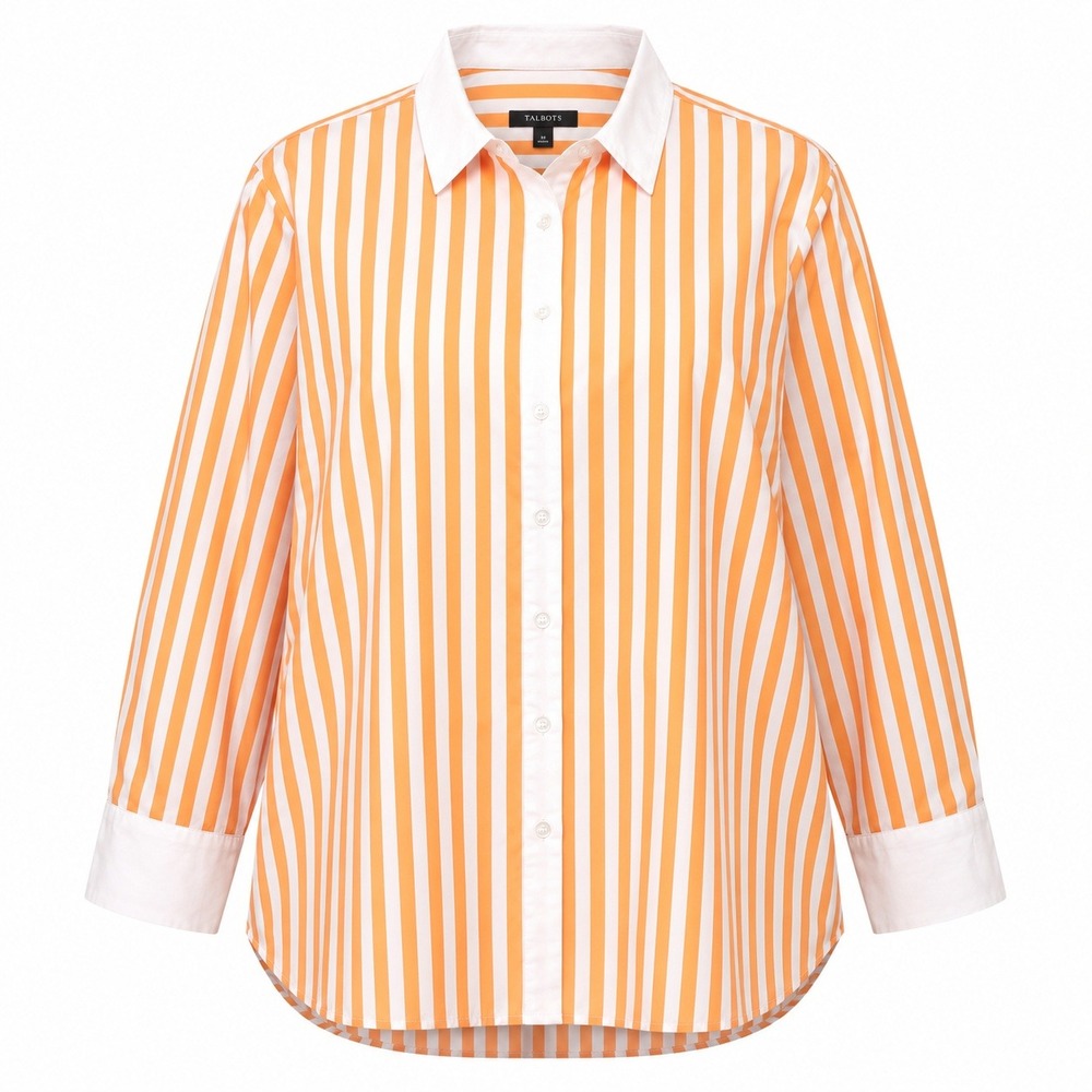 Talbots Plus Womens 3X Orange White Striped Button Down Shirt Cotton Career